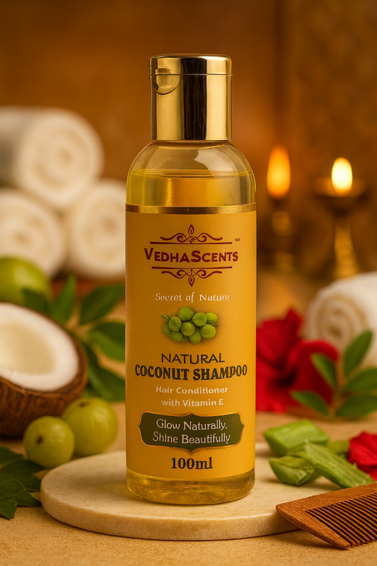 VedhaScents Premium Natural Coconut Shampoo with Conditioner|Anti-Hairfall & Dandruff | Enriched with Vitamin E & Amla for Soft, Silky, Smooth Hair | Ayurvedic Hair Care | Anti-Frizz, Nourishing, Hydrating Shampoo for Dry, Damaged Hair | 100ml