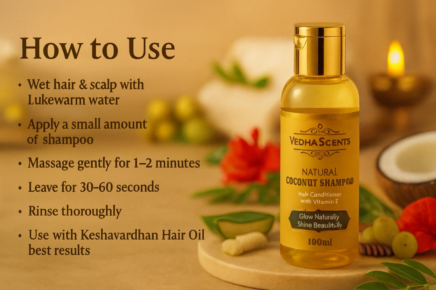 VedhaScents Premium Natural Coconut Shampoo with Conditioner|Anti-Hairfall & Dandruff | Enriched with Vitamin E & Amla for Soft, Silky, Smooth Hair | Ayurvedic Hair Care | Anti-Frizz, Nourishing, Hydrating Shampoo for Dry, Damaged Hair | 100ml