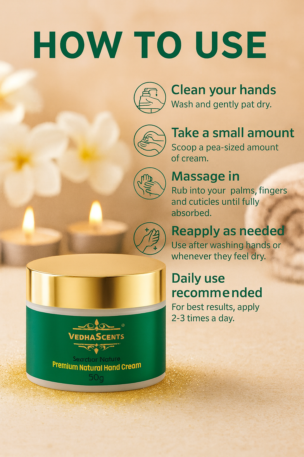 VedhaScents Premium Natural Hand Cream for Dry, Rough, Cracked Hands | Deep Moisturizing, Anti-Aging, Non-Greasy, Herbal Ayurvedic Formula with Essential Oils | Hand Softening & Repair Cream for Women & Men(50g)