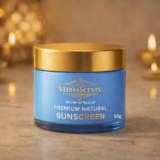 VedhaScents Premium Natural Sunscreen for Face and Body|SPF-50| Daily Use Sun(UV) Protection Cream with Lightweight Moisturising Formula for All Skin Types|Protection from suntan (50g)